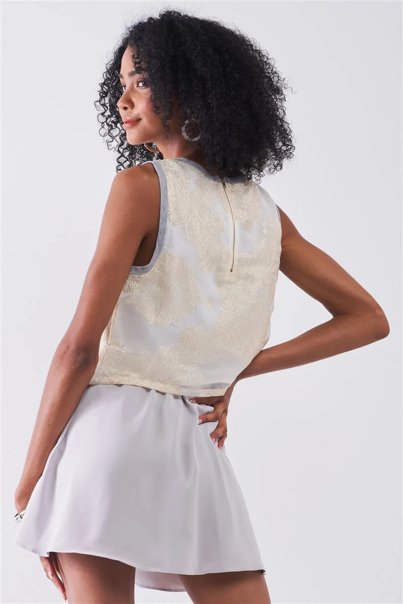 Cream Chiffon Golden Weave Ornament Embroidery Sleeveless Crop Top