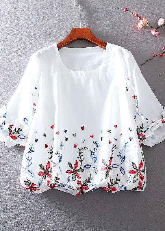 Cute White O-Neck Embroideried Chiffon tops lantern sleeve