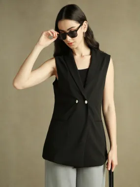 DL Woman Black Sleeveless Lapel Collar Blazer