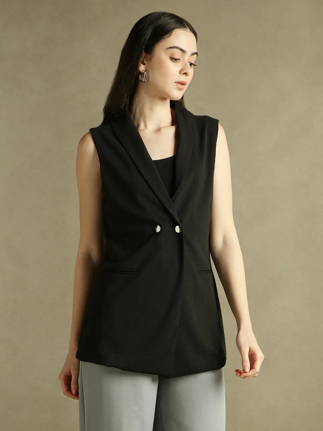 DL Woman Black Sleeveless Lapel Collar Blazer