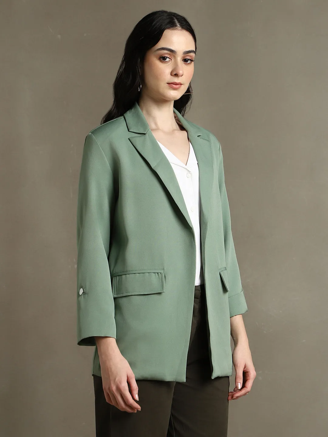 DL Woman Sage Green Solid Lapel Collar Full Sleeves Regular Fit Blazer