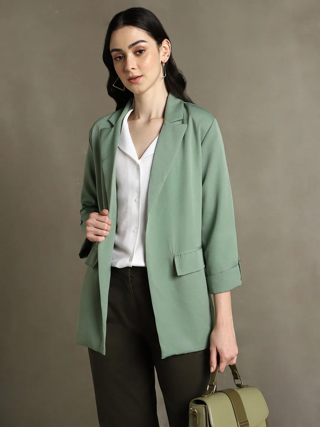 DL Woman Sage Green Solid Lapel Collar Full Sleeves Regular Fit Blazer