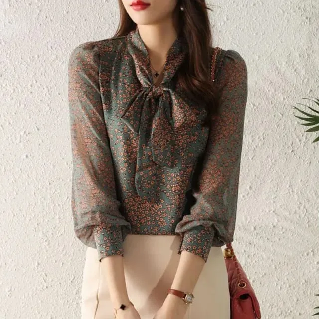 Elegant Bow Collar Floral Chiffon Blouse Lady Casual Dress X4609663