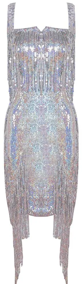 Embellished Fringed Metallic Stretch Mini Cocktail Dress