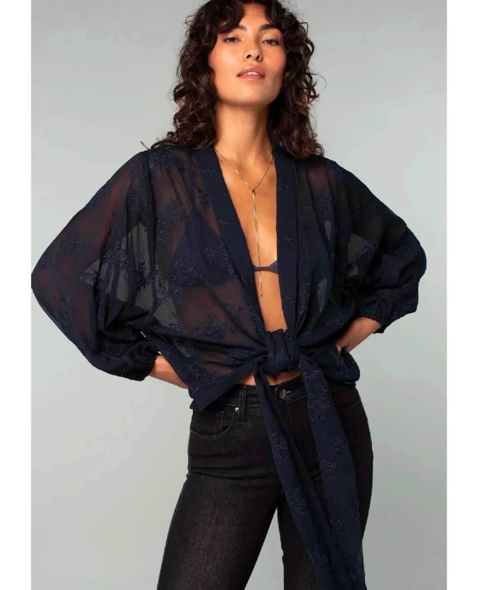 Embroidered Navy Sleeve Tie Front Kimono Top