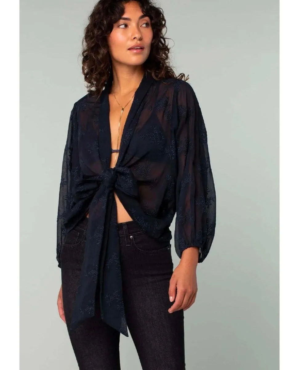 Embroidered Navy Sleeve Tie Front Kimono Top