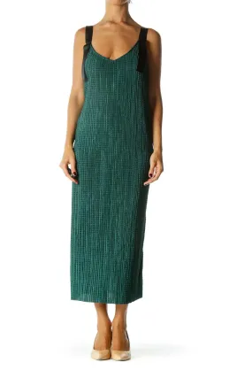 Emerald Green Black Knot Straps V-Neck Waffle Texture Stretch Dress