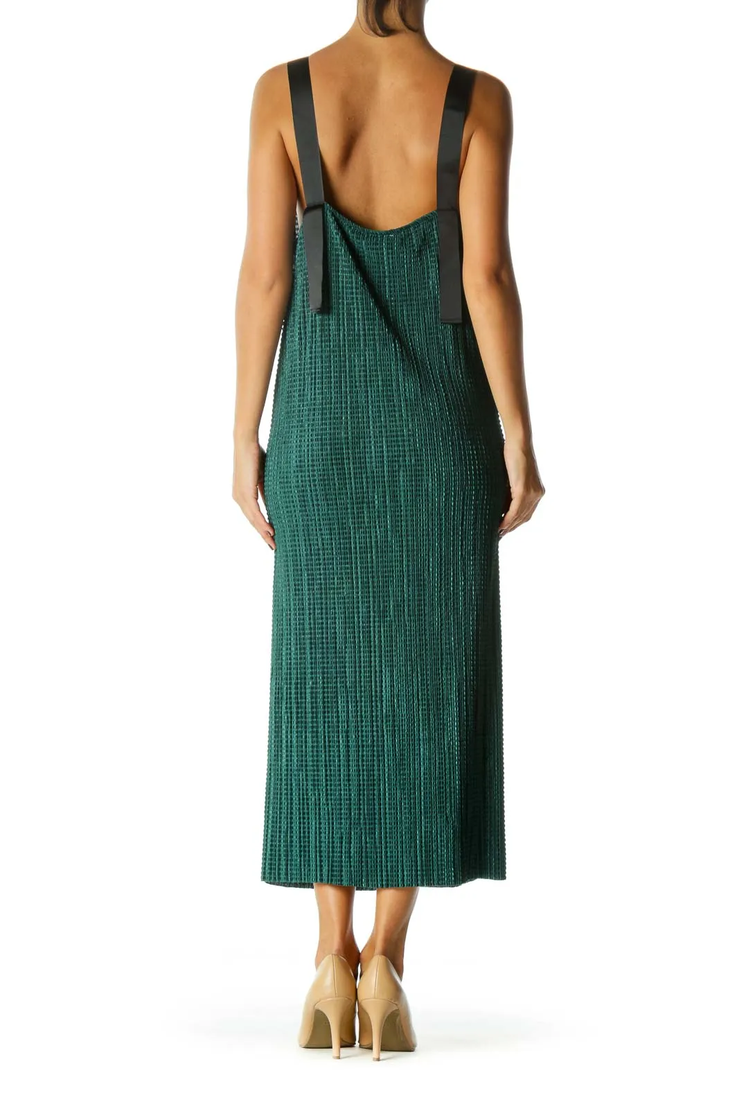 Emerald Green Black Knot Straps V-Neck Waffle Texture Stretch Dress