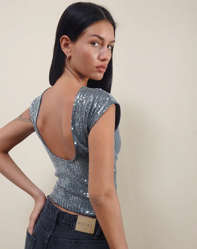 Erika Low Back Top in Shimmer Sequin Charcoal