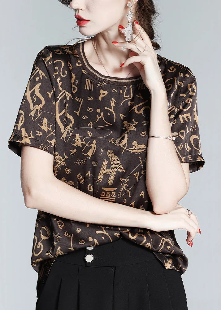 Fashion Coffee O-Neck Print Chiffon Tops Short Sleeve LY1046