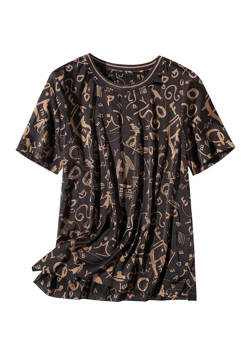 Fashion Coffee O-Neck Print Chiffon Tops Short Sleeve LY1046