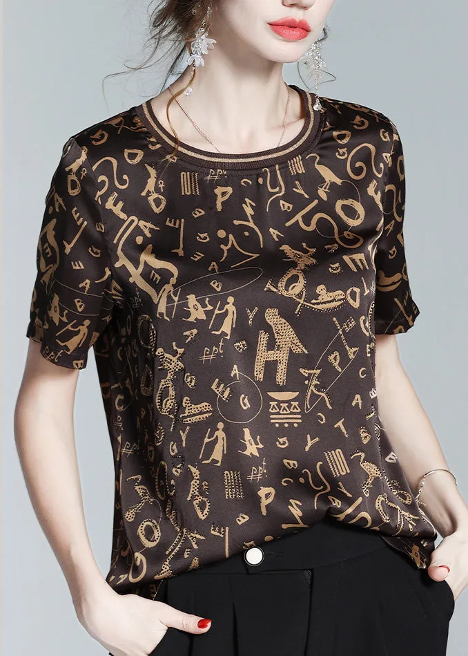 Fashion Coffee O-Neck Print Chiffon Tops Short Sleeve LY1046