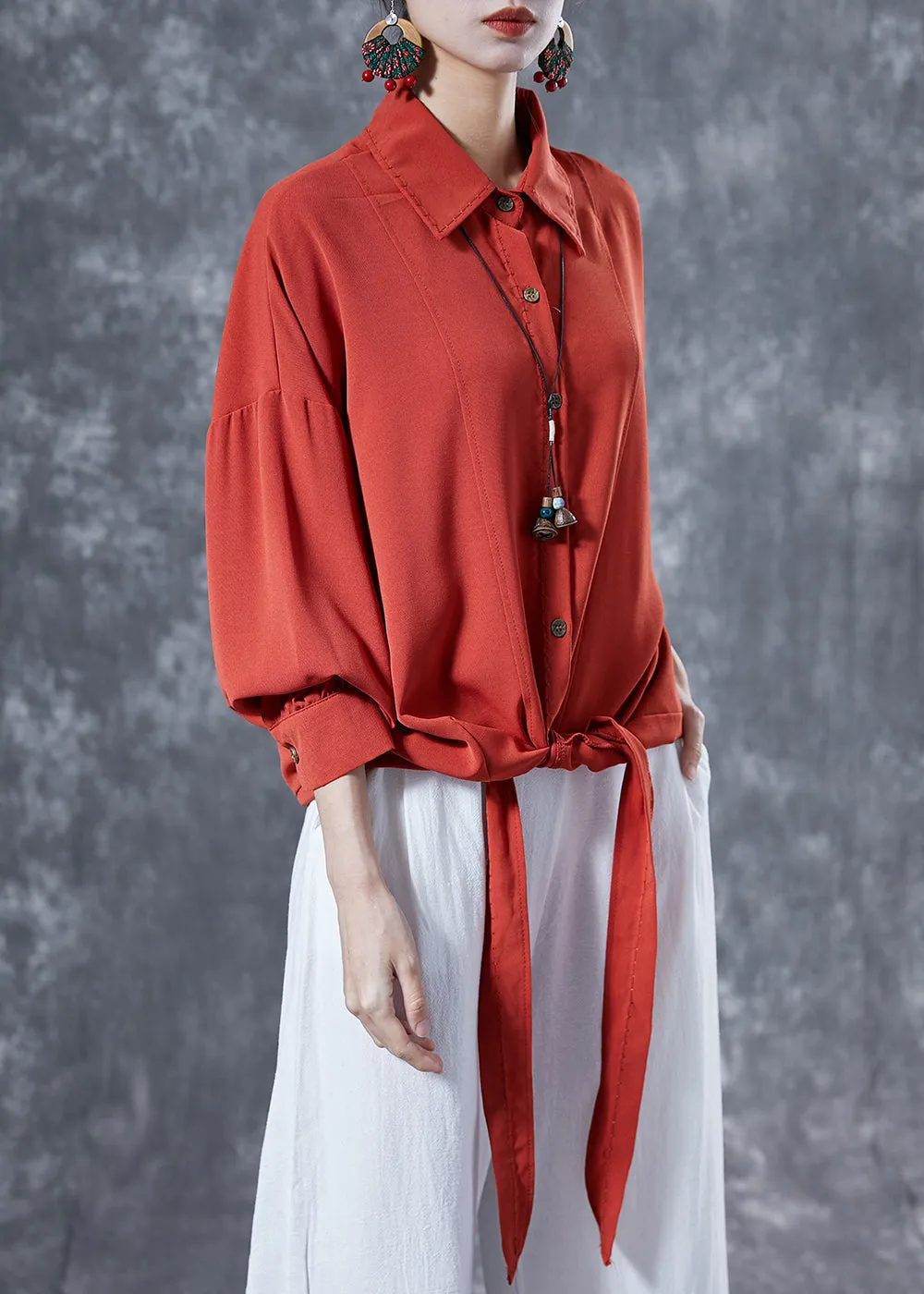 Fine Brick Red Oversized Patchwork Lace Up Chiffon Shirt Tops Spring LY4095