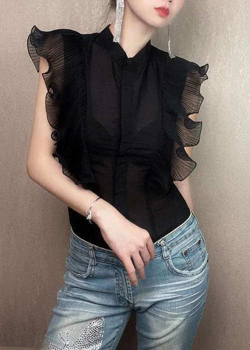 Fitted Black Ruffled Patchwork Chiffon Shirt Tops Summer LY3809