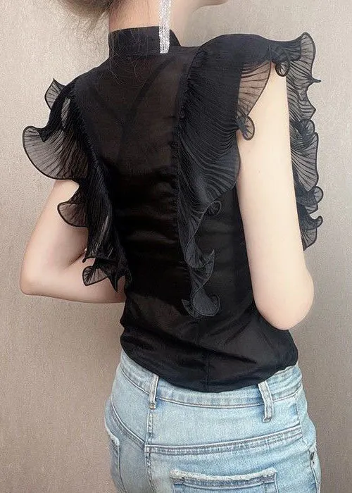 Fitted Black Ruffled Patchwork Chiffon Shirt Tops Summer LY3809