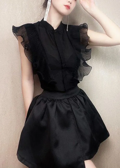 Fitted Black Ruffled Patchwork Chiffon Shirt Tops Summer LY3809