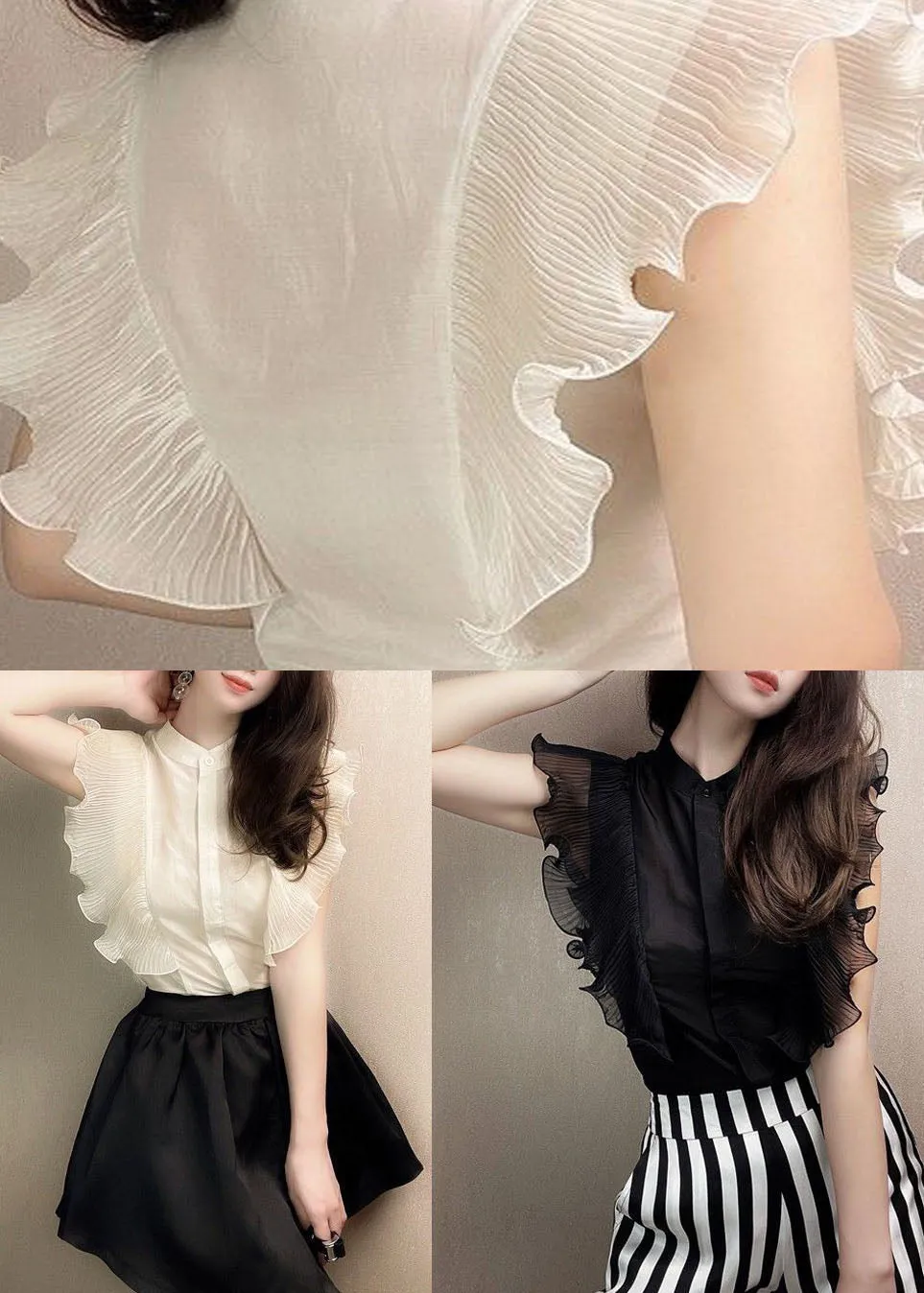 Fitted Black Ruffled Patchwork Chiffon Shirt Tops Summer LY3809