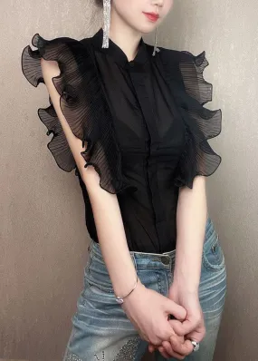 Fitted Black Ruffled Patchwork Chiffon Shirt Tops Summer LY3809