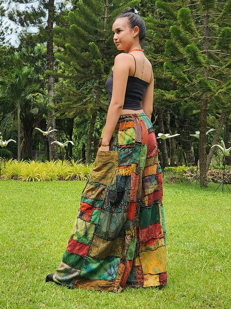 Forest Green Patchwork Wide-Leg Palazzo Pants