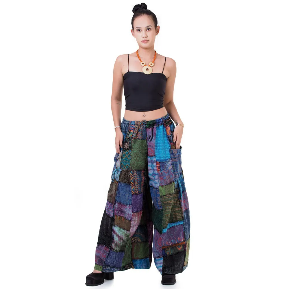 Forest Green Patchwork Wide-Leg Palazzo Pants