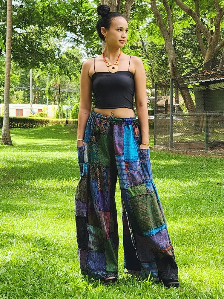 Forest Green Patchwork Wide-Leg Palazzo Pants