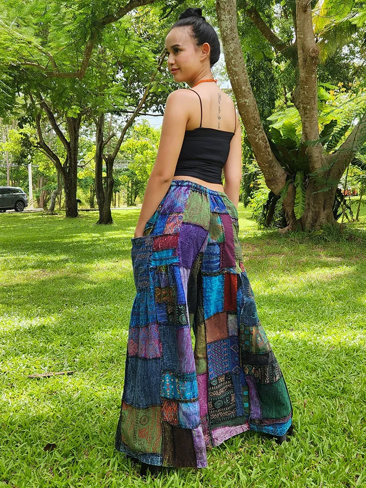 Forest Green Patchwork Wide-Leg Palazzo Pants