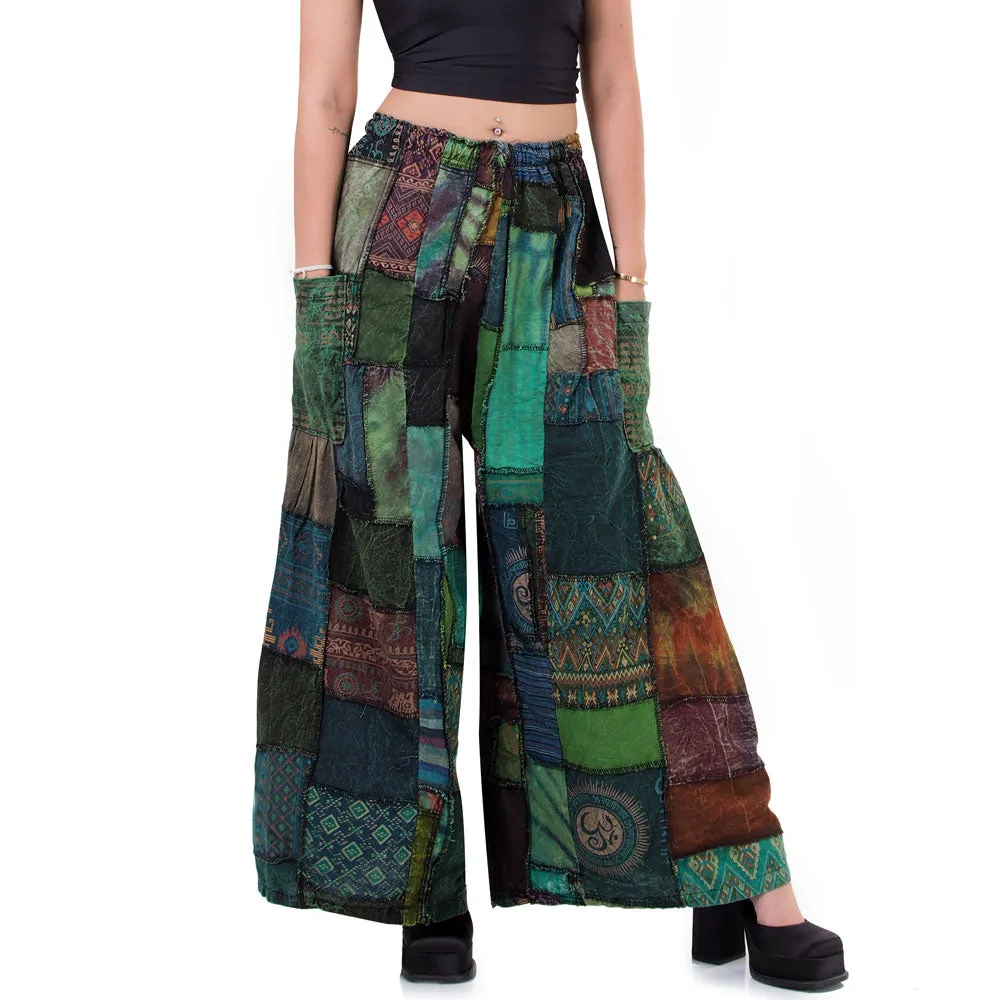 Forest Green Patchwork Wide-Leg Palazzo Pants