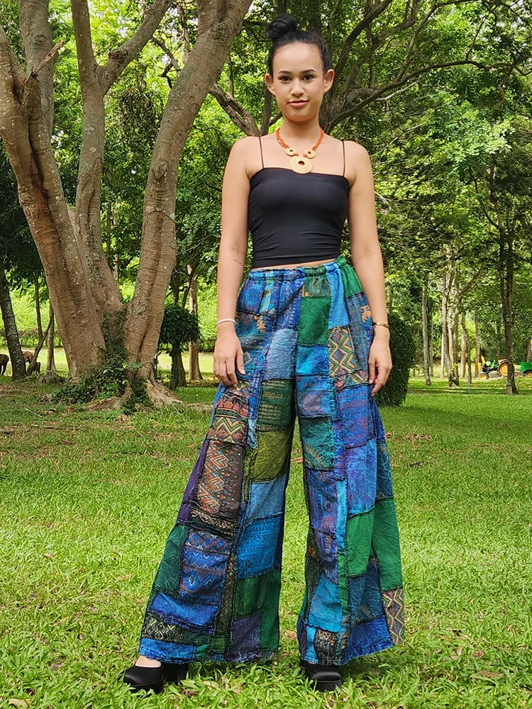 Forest Green Patchwork Wide-Leg Palazzo Pants