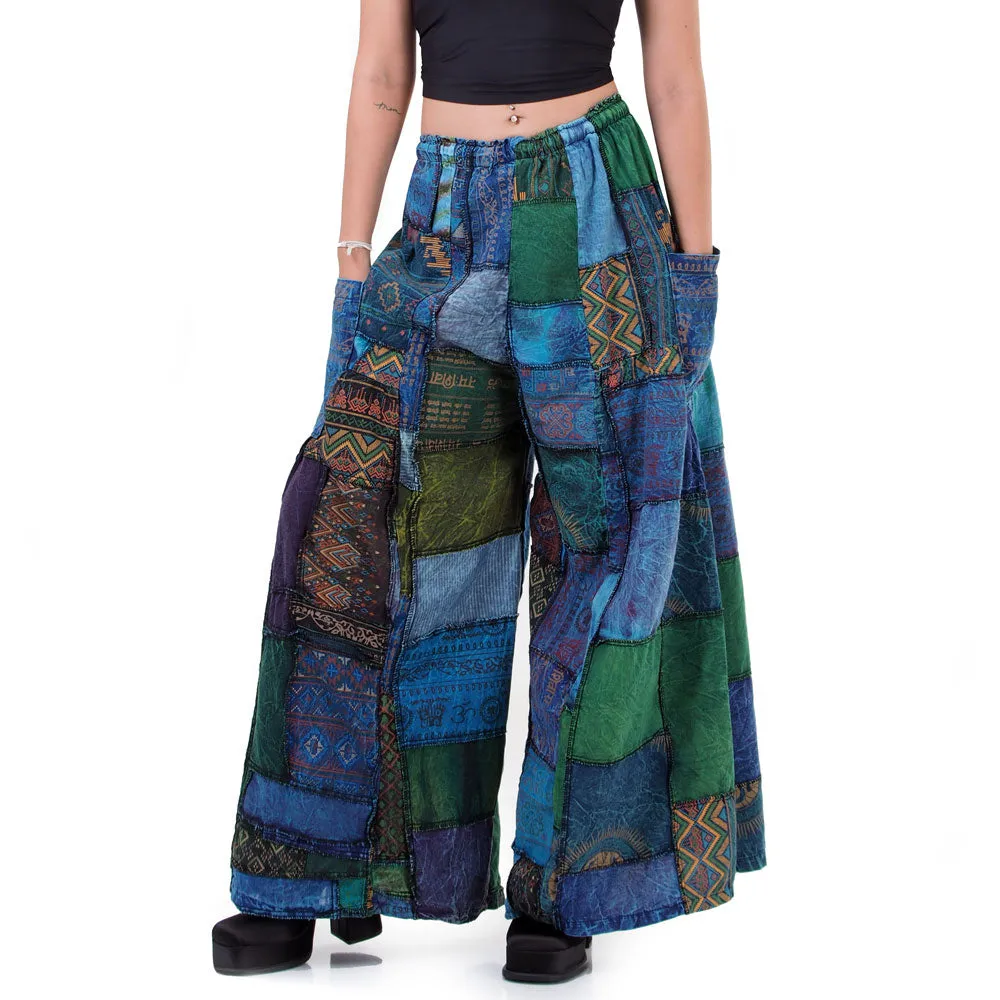 Forest Green Patchwork Wide-Leg Palazzo Pants