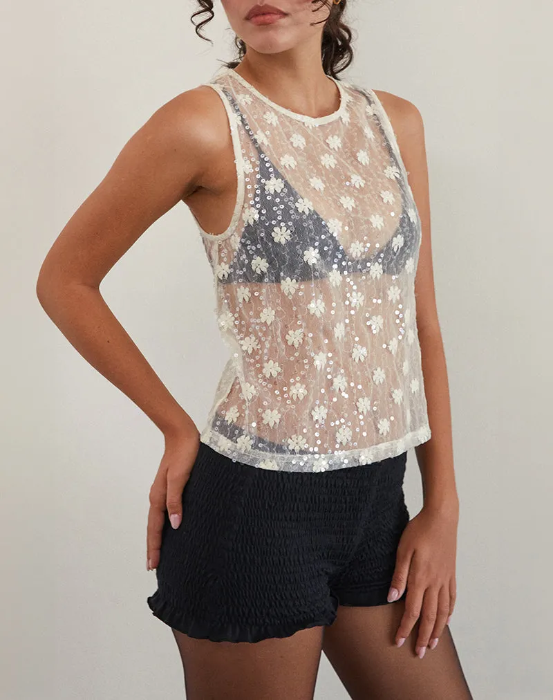 Franka Tank Top in Sequin Lace Ivory