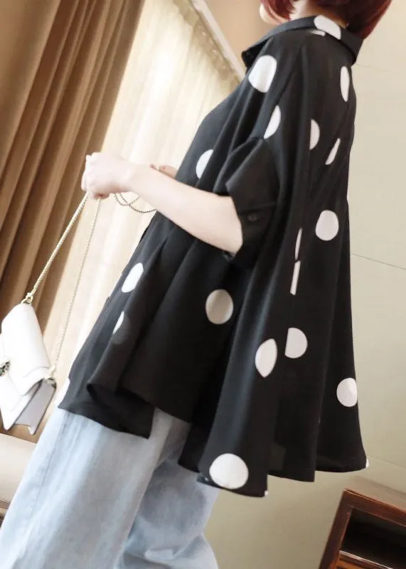 French Black Oversized Dot Print Chiffon Tops Batwing Sleeve LY2588