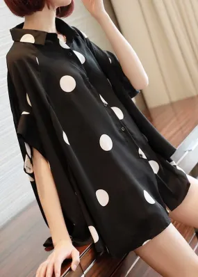 French Black Oversized Dot Print Chiffon Tops Batwing Sleeve LY2588