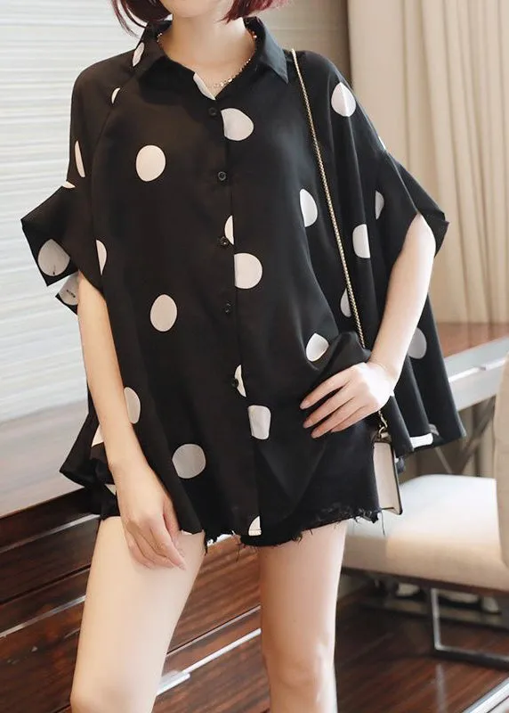 French Black Oversized Dot Print Chiffon Tops Batwing Sleeve LY2588