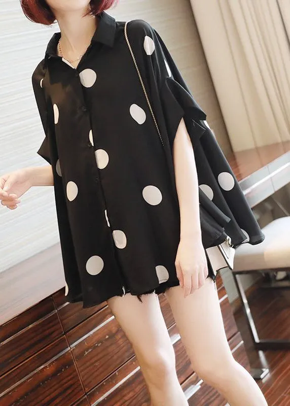 French Black Oversized Dot Print Chiffon Tops Batwing Sleeve LY2588