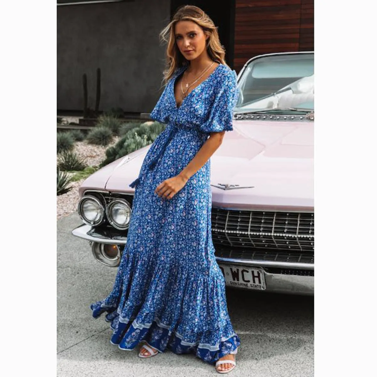 Frieda Bohemian Floral Print V Neck Waist Tie Maxi Dress