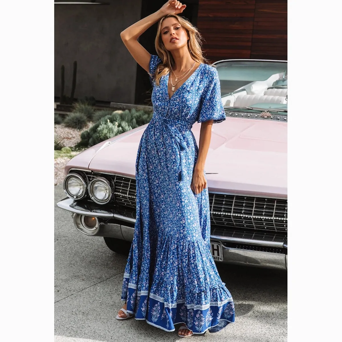 Frieda Bohemian Floral Print V Neck Waist Tie Maxi Dress