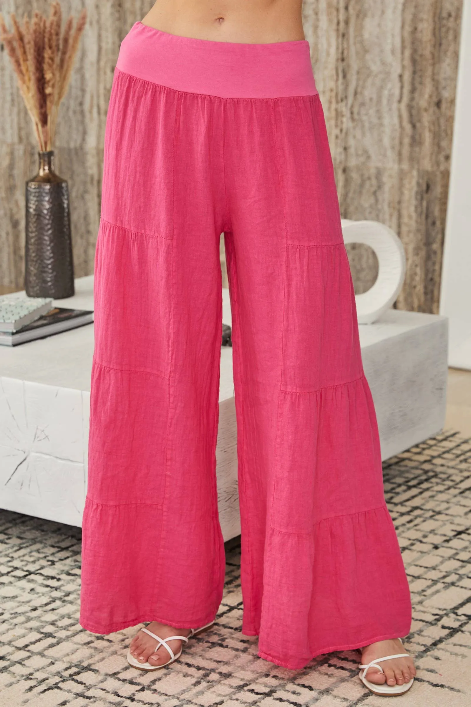 Fuchsia Linen Tiered Palazzo Pants