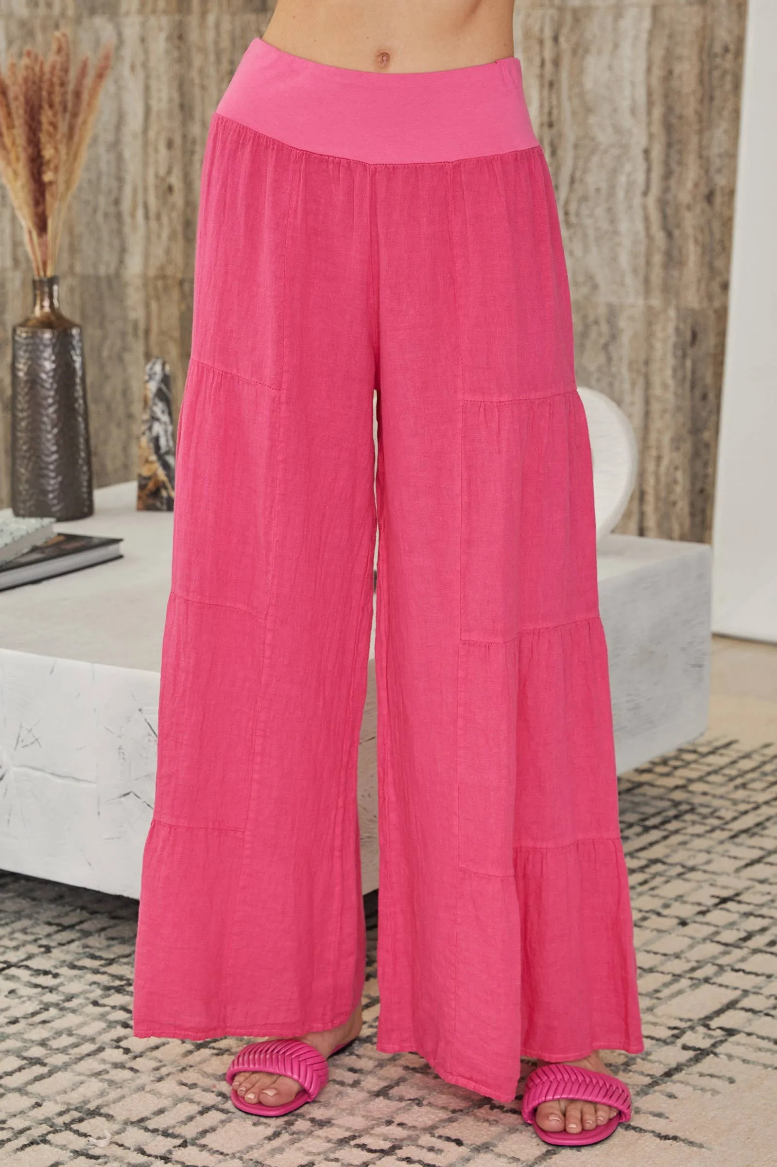 Fuchsia Linen Tiered Palazzo Pants