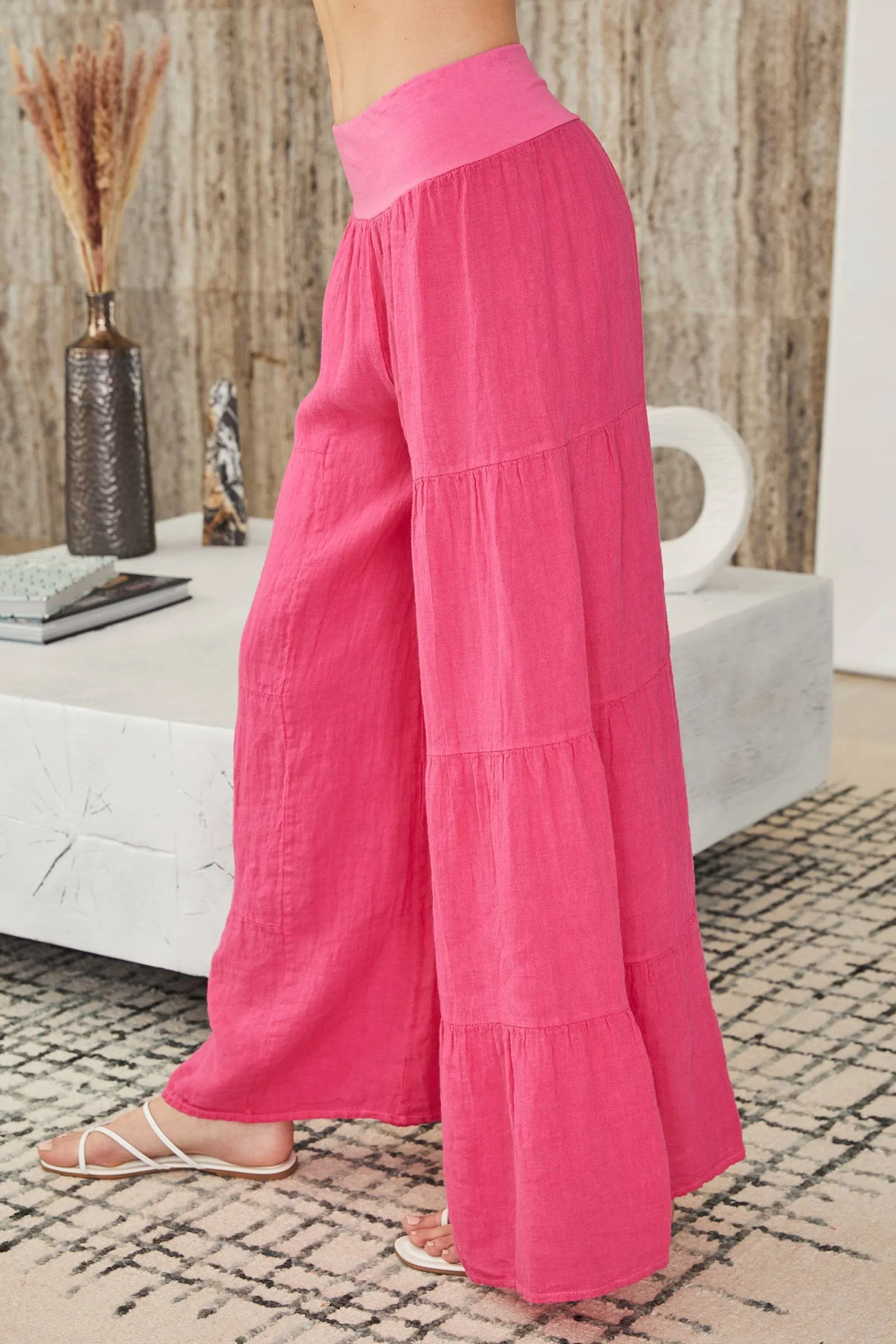 Fuchsia Linen Tiered Palazzo Pants