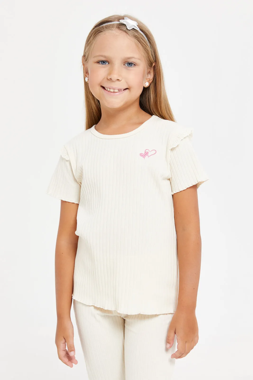 Girls Beige Ribbed Ruffles Sleeve T-Shirt