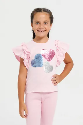 Girls Pink Heart Sequins T-Shirt