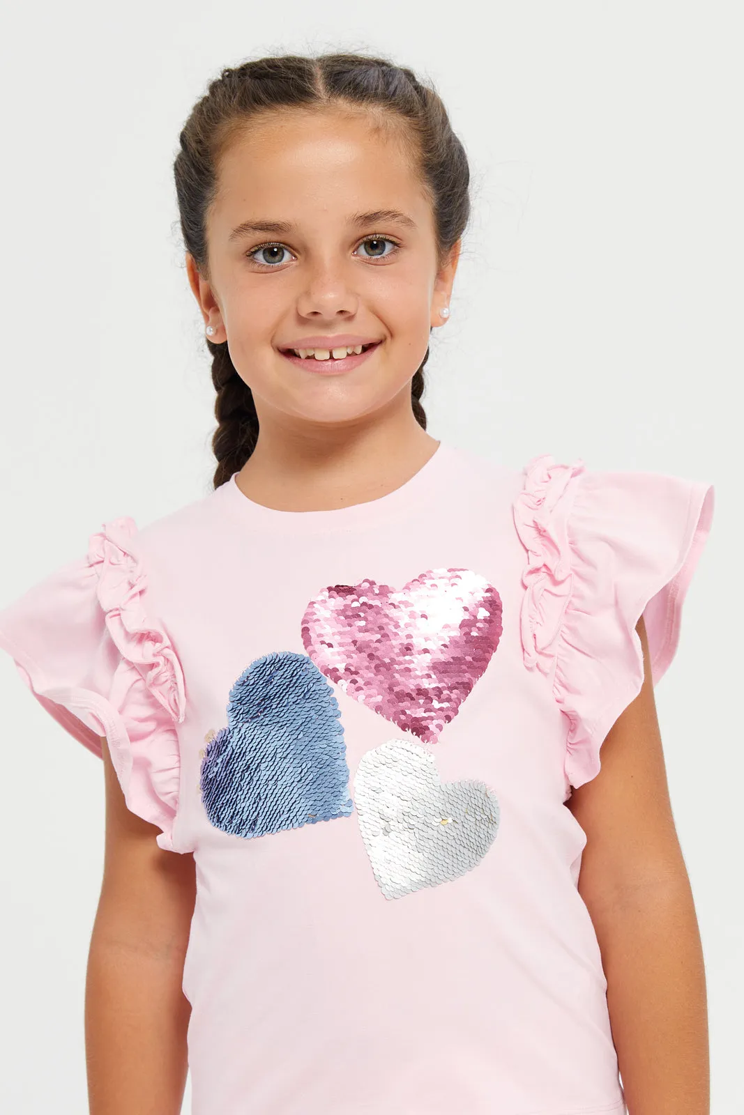 Girls Pink Heart Sequins T-Shirt