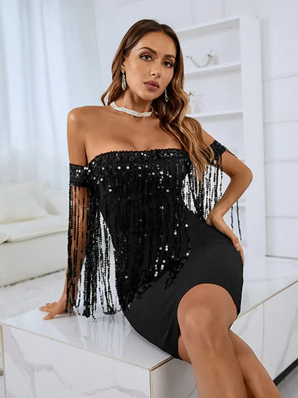 Glamorous Celebrations Black Strapless Sequin Tassel Dress