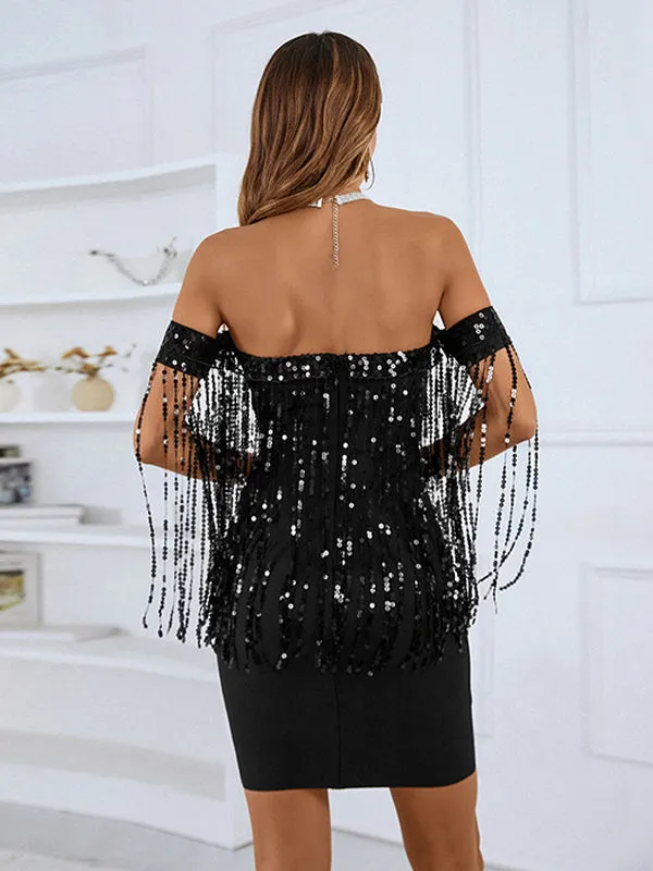 Glamorous Celebrations Black Strapless Sequin Tassel Dress