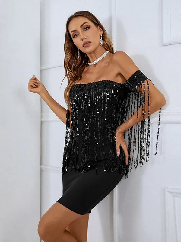 Glamorous Celebrations Black Strapless Sequin Tassel Dress