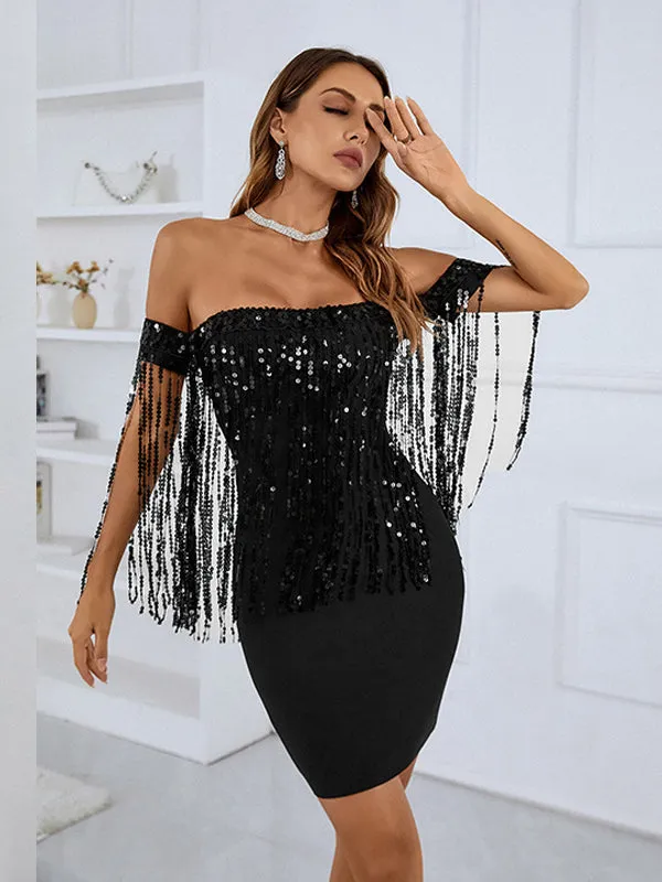 Glamorous Celebrations Black Strapless Sequin Tassel Dress