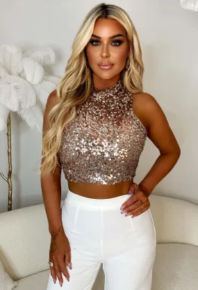 Glamour Glitz Rose Gold High Neck Sleeveless Sequin Top