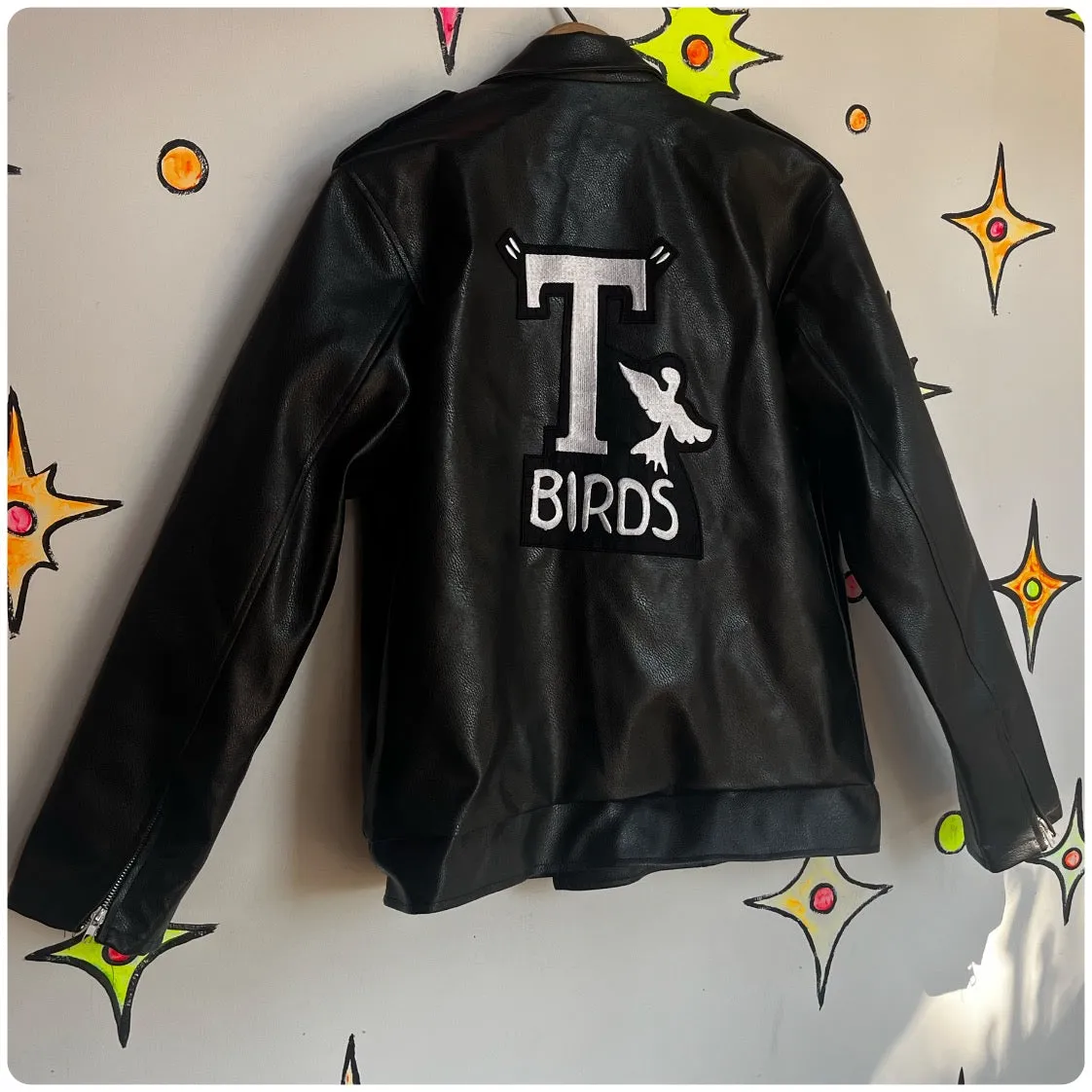 Grease T Birds | Black Faux Leather Jacket 50s Biker Rockabilly Greaser | Size M