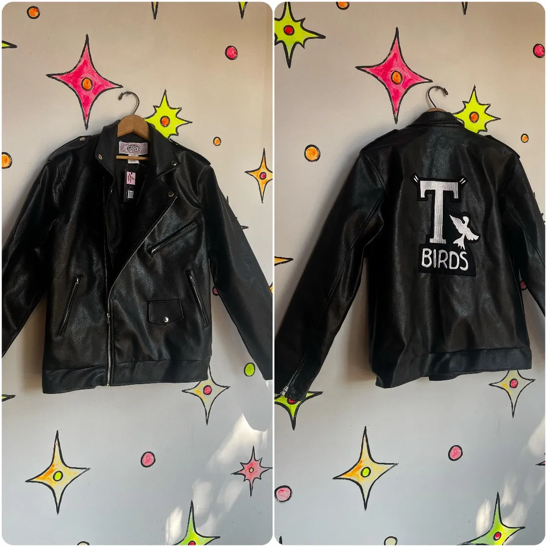 Grease T Birds | Black Faux Leather Jacket 50s Biker Rockabilly Greaser | Size M