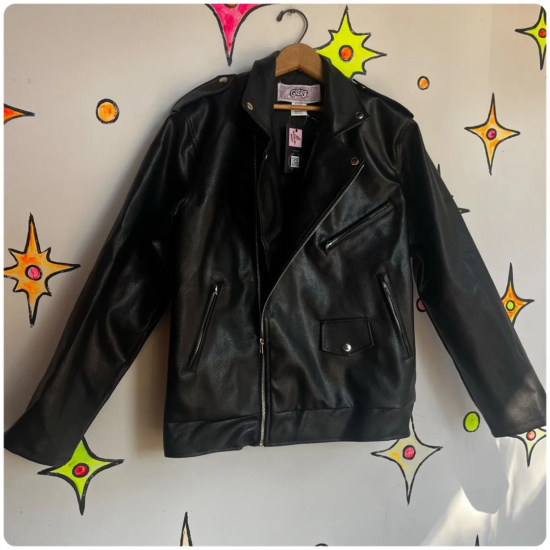 Grease T Birds | Black Faux Leather Jacket 50s Biker Rockabilly Greaser | Size M